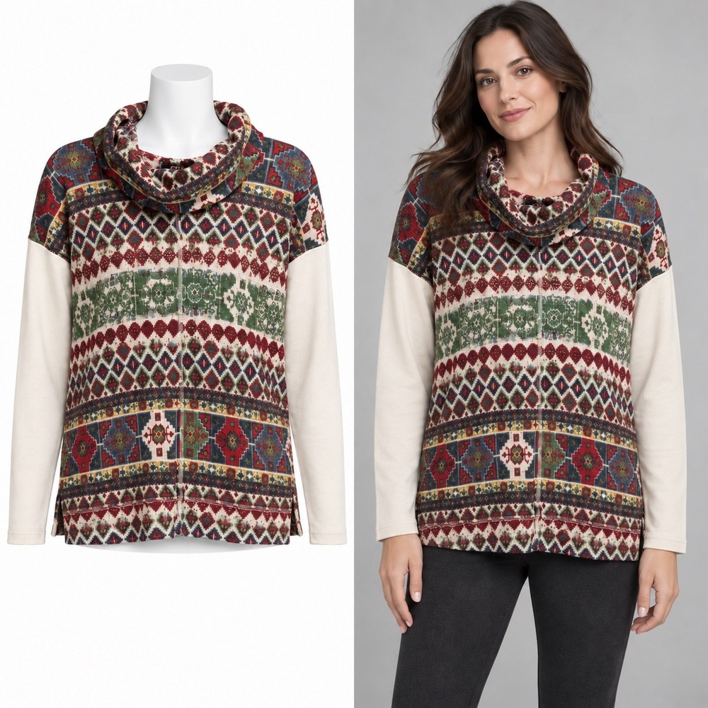 Chaps Denim Waffle Knit Top Womens L Multicolor Fair Isle Cowl Neck Thermal Tee